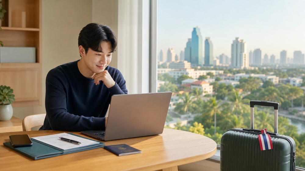 태국 유학을 준비하며 노트북으로 서류를 확인하는 모습