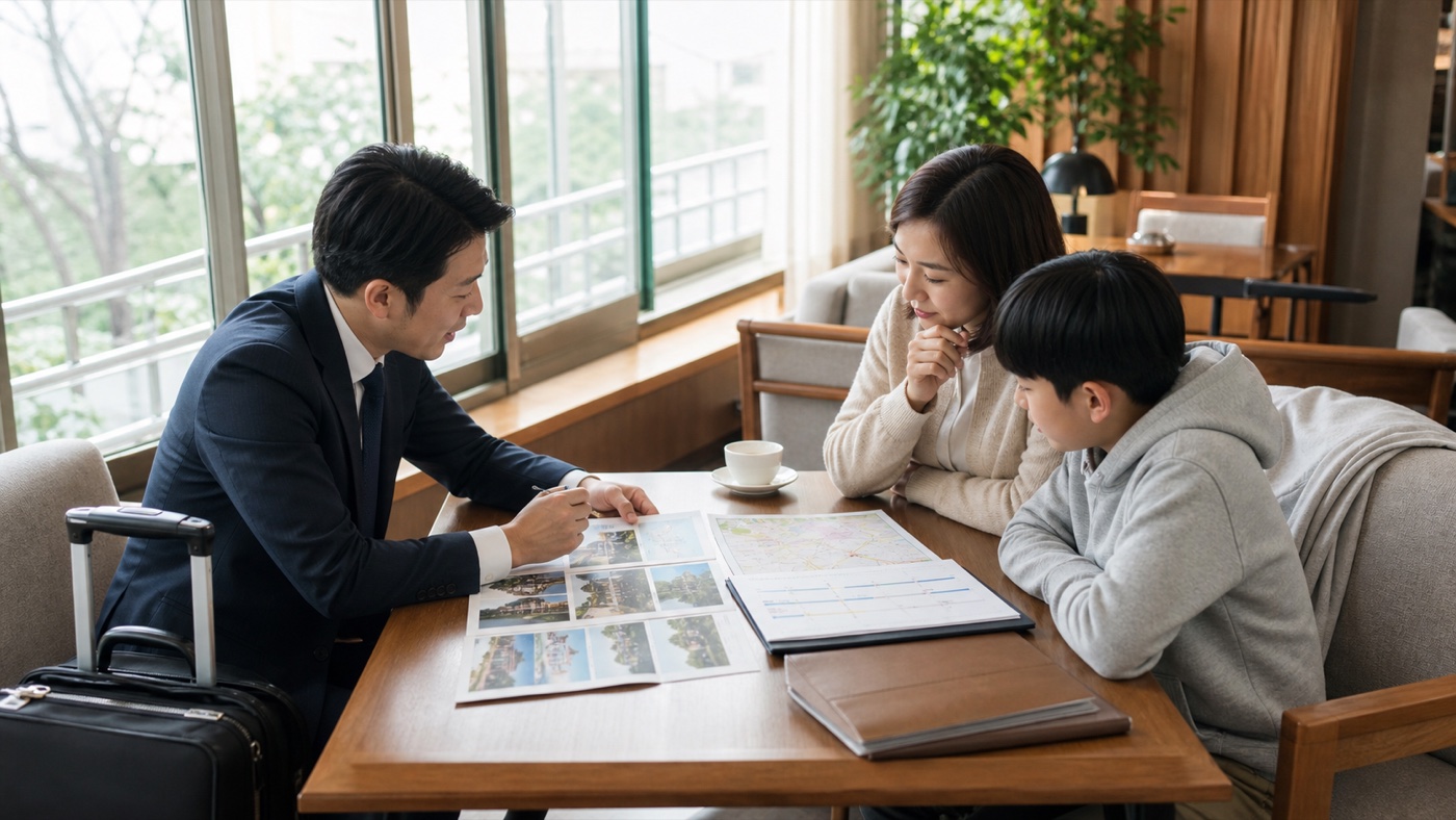담당자가 직접 찾아가 학부모와 학생에게 학교 자료를 설명하는 모습
