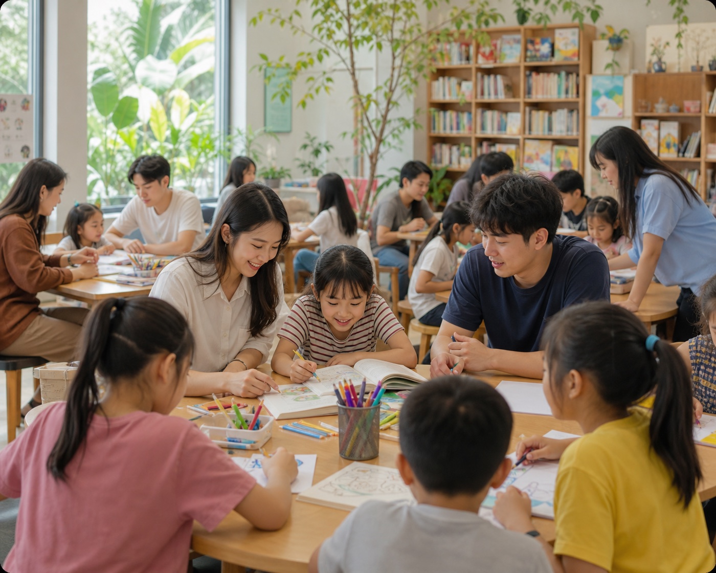 학부모와 아이들이 함께 모여 그림을 그리고 책을 보며 배우는 커뮤니티 모습
